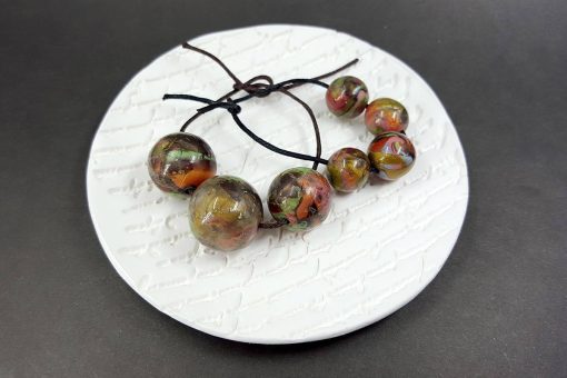 7 Round Beads - Brown, Green, Silver (Polymer Clay) #7593