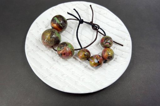 7 Round Beads - Brown, Green, Silver (Polymer Clay) #7594