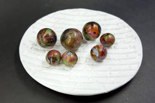 7 Round Beads - Brown, Green, Silver (Polymer Clay) #7595