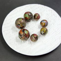 7 Round Beads - Brown, Green, Silver (Polymer Clay) #7596