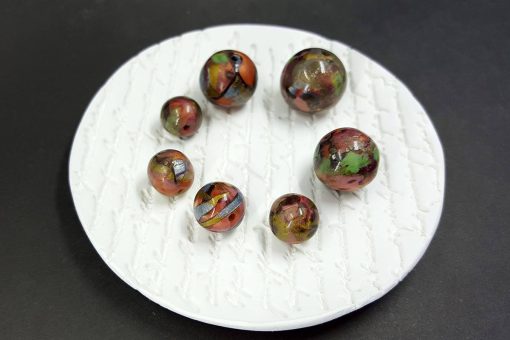 7 Round Beads - Brown, Green, Silver (Polymer Clay) #7597