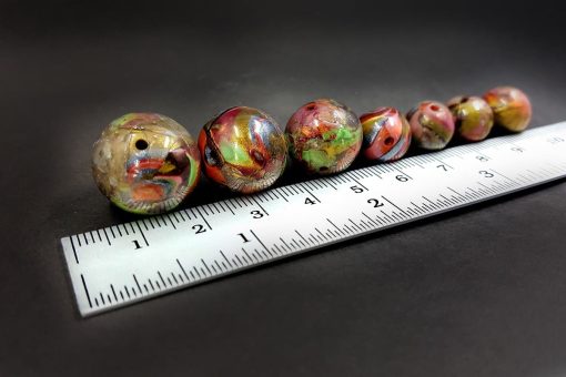 7 Round Beads - Brown, Green, Silver (Polymer Clay) #7599